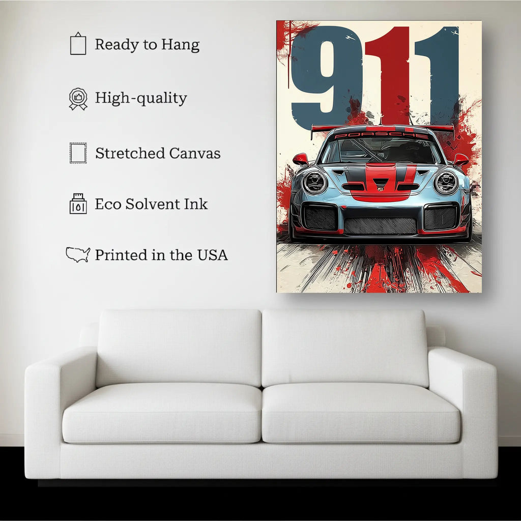 Racing Car Wall Art canvas hanging on a living room wall above a white sofa