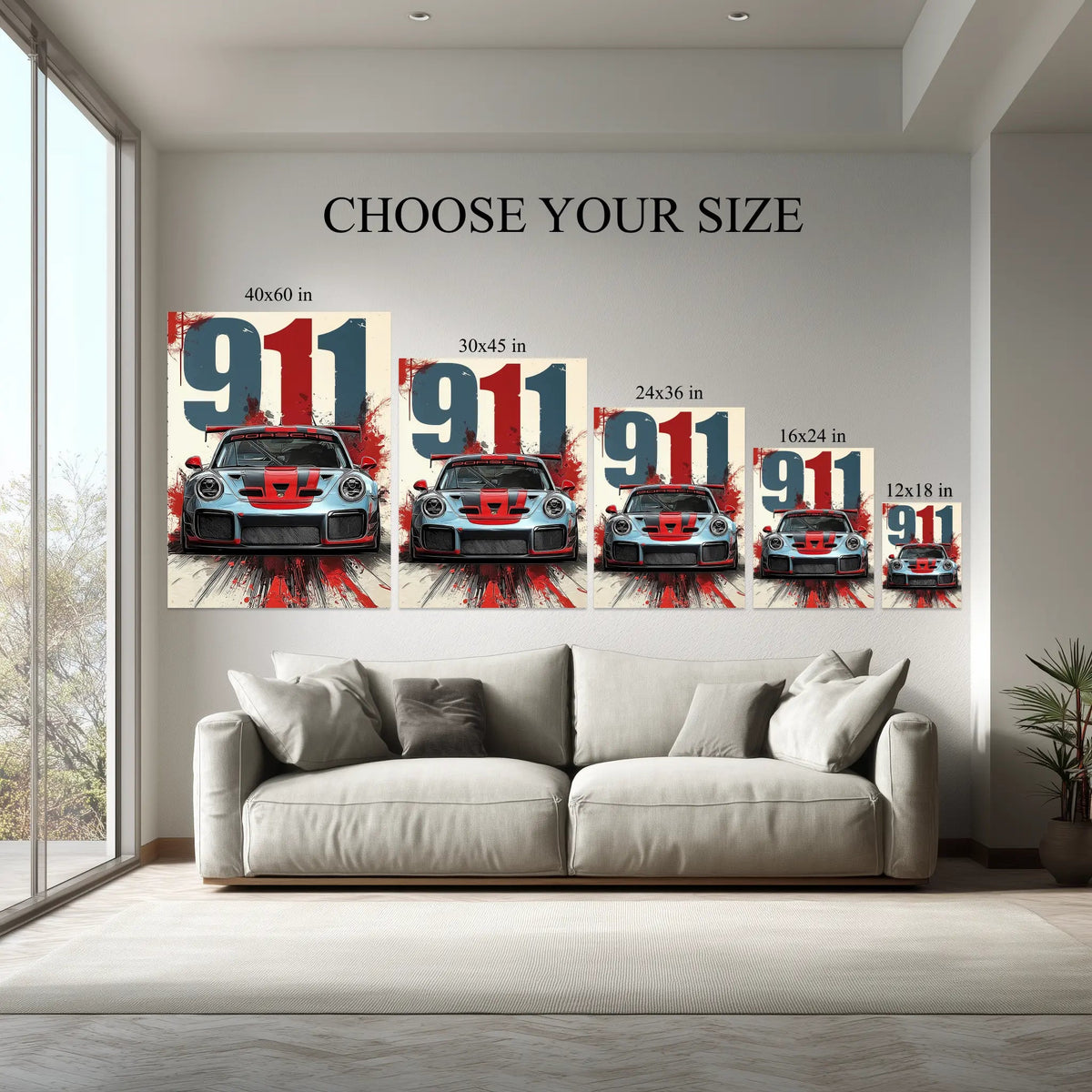 Racing Car Wall Art canvas size comparison from 12x18 to 40x60 in above a sofa