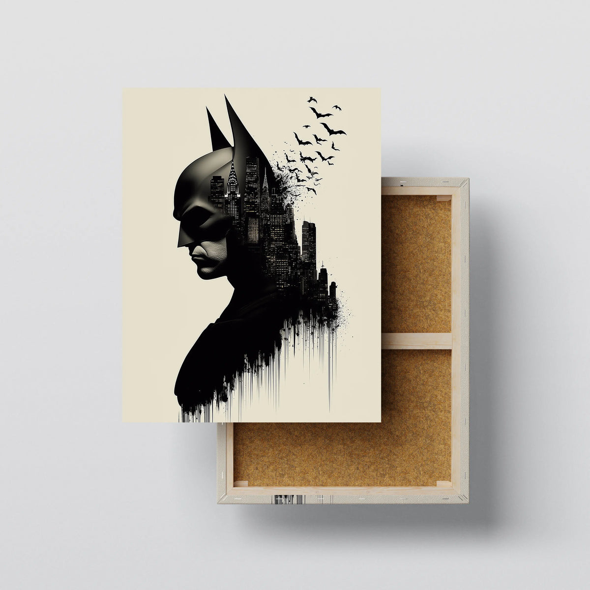 Caped Hero City Silhouette Wall Art canvas print, front view with gallery-wrapped edge