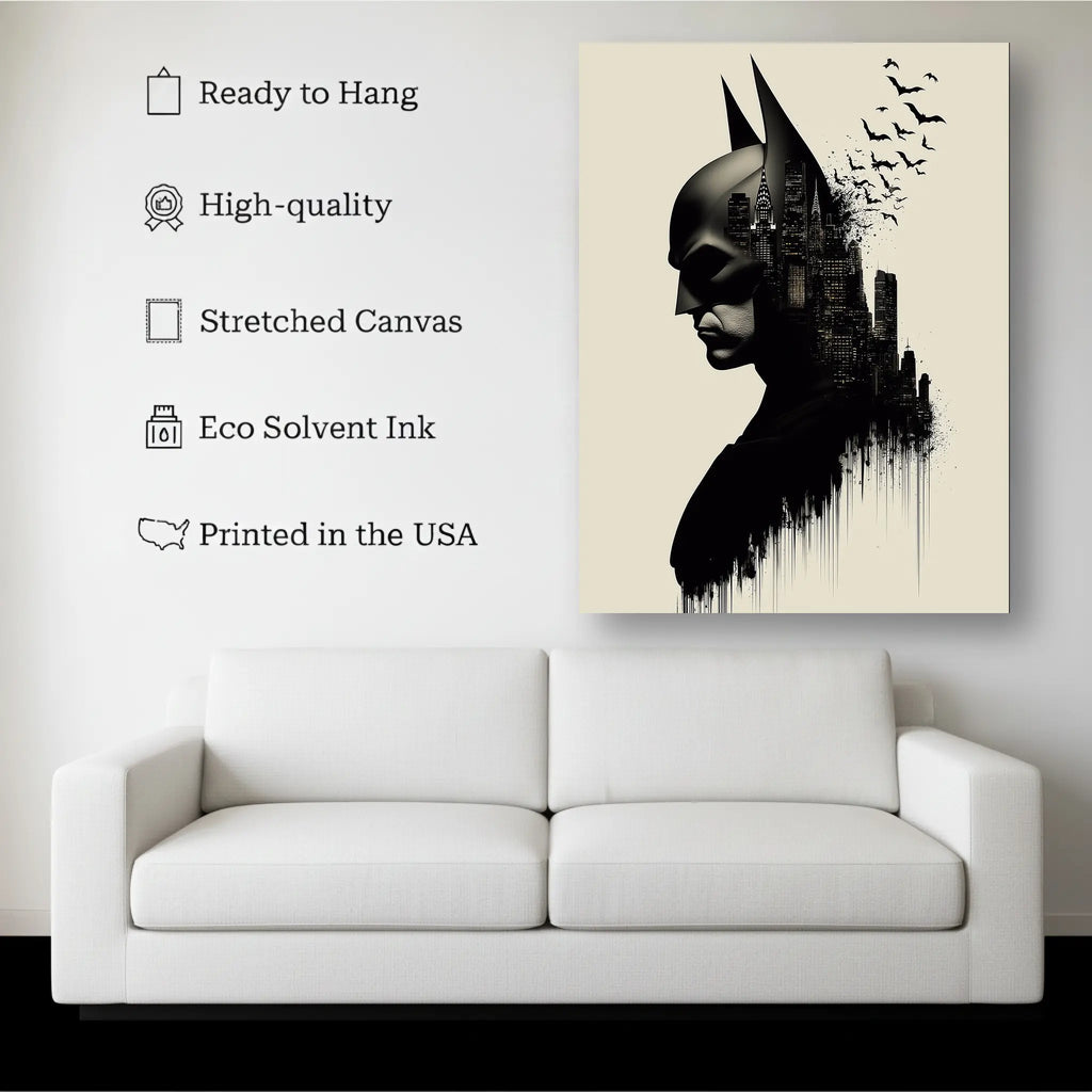 Caped Hero City Silhouette Wall Art canvas hanging on a living room wall above a white sofa