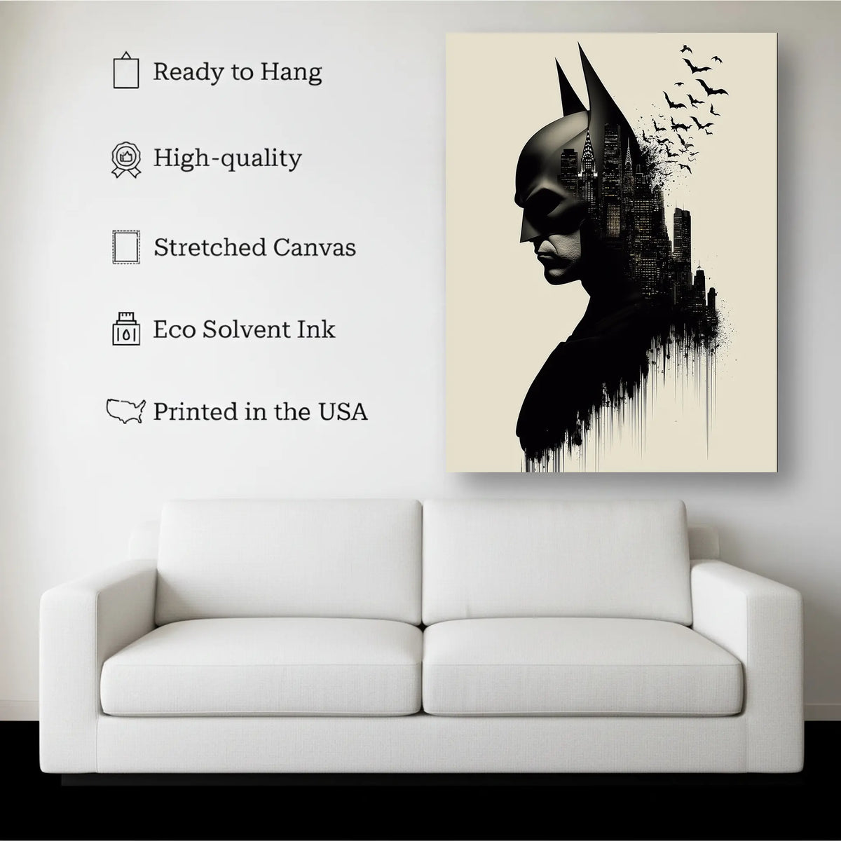 Caped Hero City Silhouette Wall Art canvas hanging on a living room wall above a white sofa
