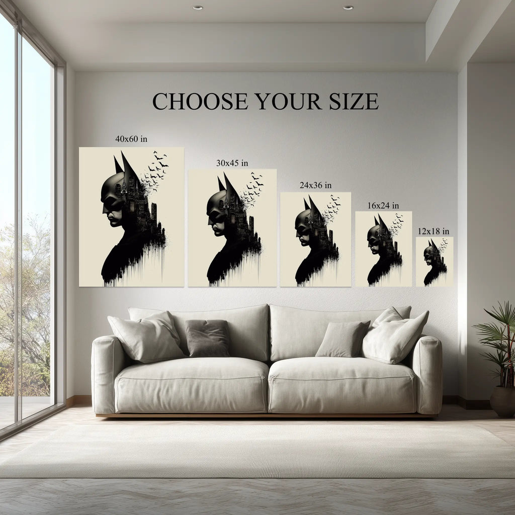 1.5 inch deep stretched canvas edge detail, Caped Hero City Silhouette Wall Art