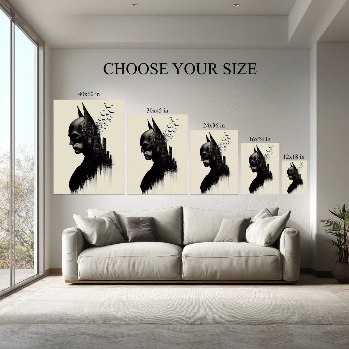 1.5 inch deep stretched canvas edge detail, Caped Hero City Silhouette Wall Art