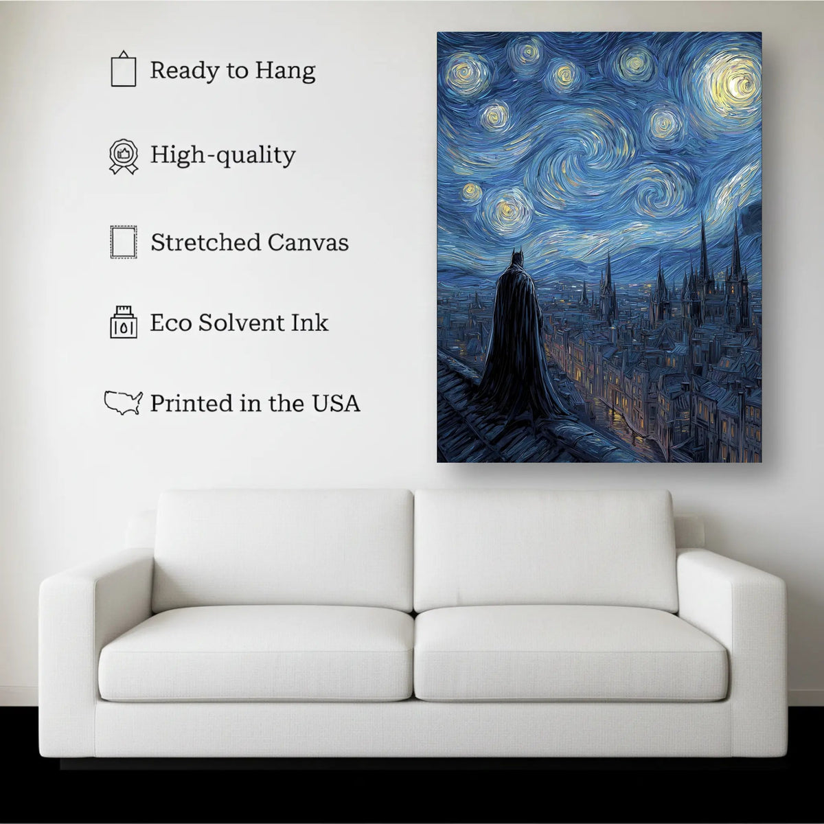 Dark Vigilante Starry Night Wall Art canvas hanging on a living room wall above a white sofa