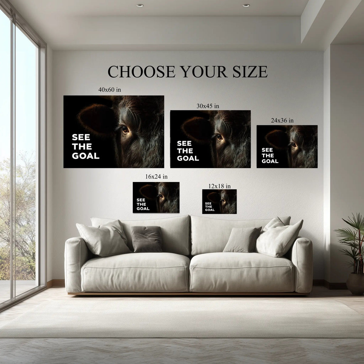 See The Goal Bull Wall Art canvas size comparison from 12x18 to 40x60 in above a sofa