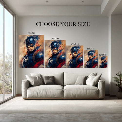 Captain Hero Wall Art canvas size comparison from 12x18 to 40x60 in above a sofa