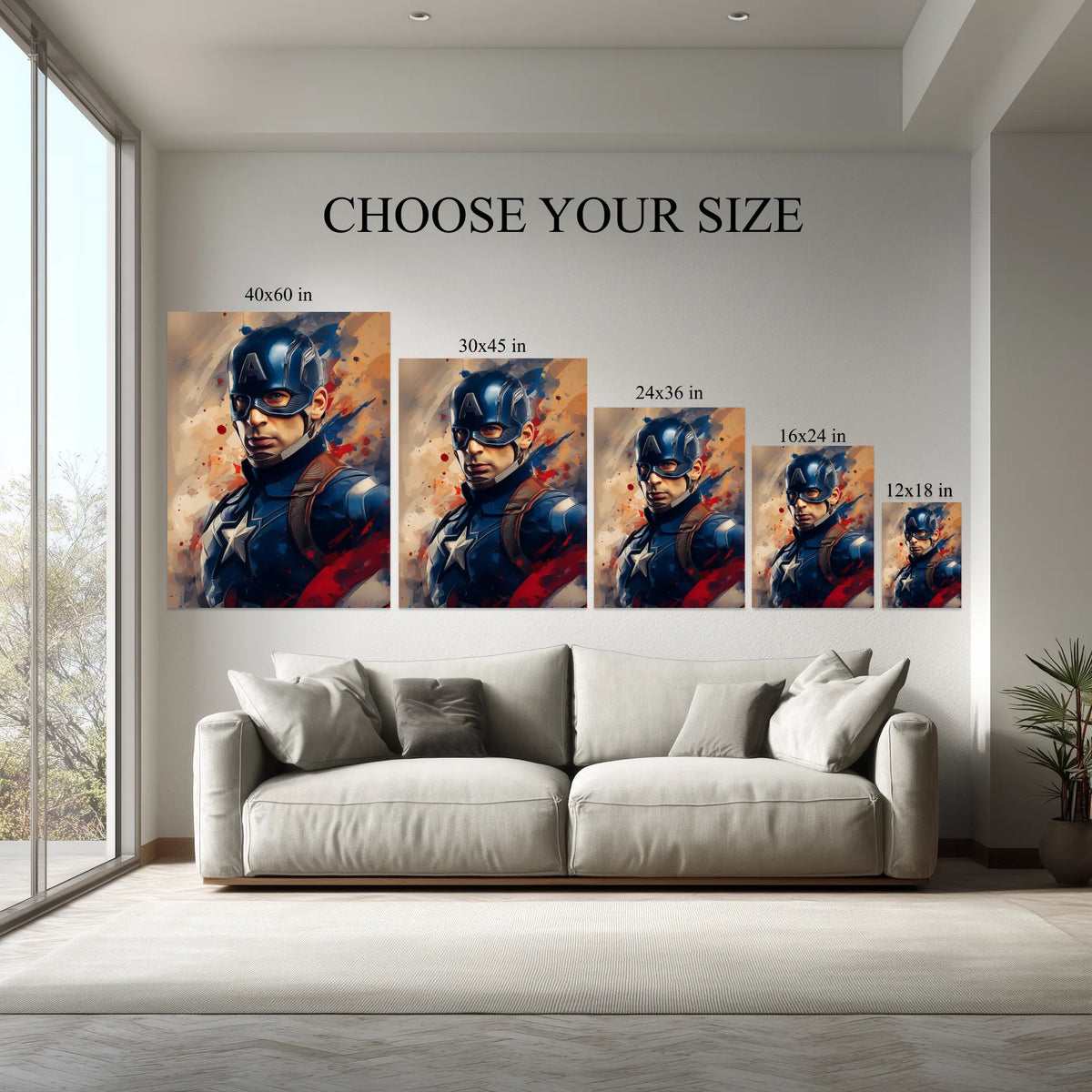 Captain Hero Wall Art canvas size comparison from 12x18 to 40x60 in above a sofa