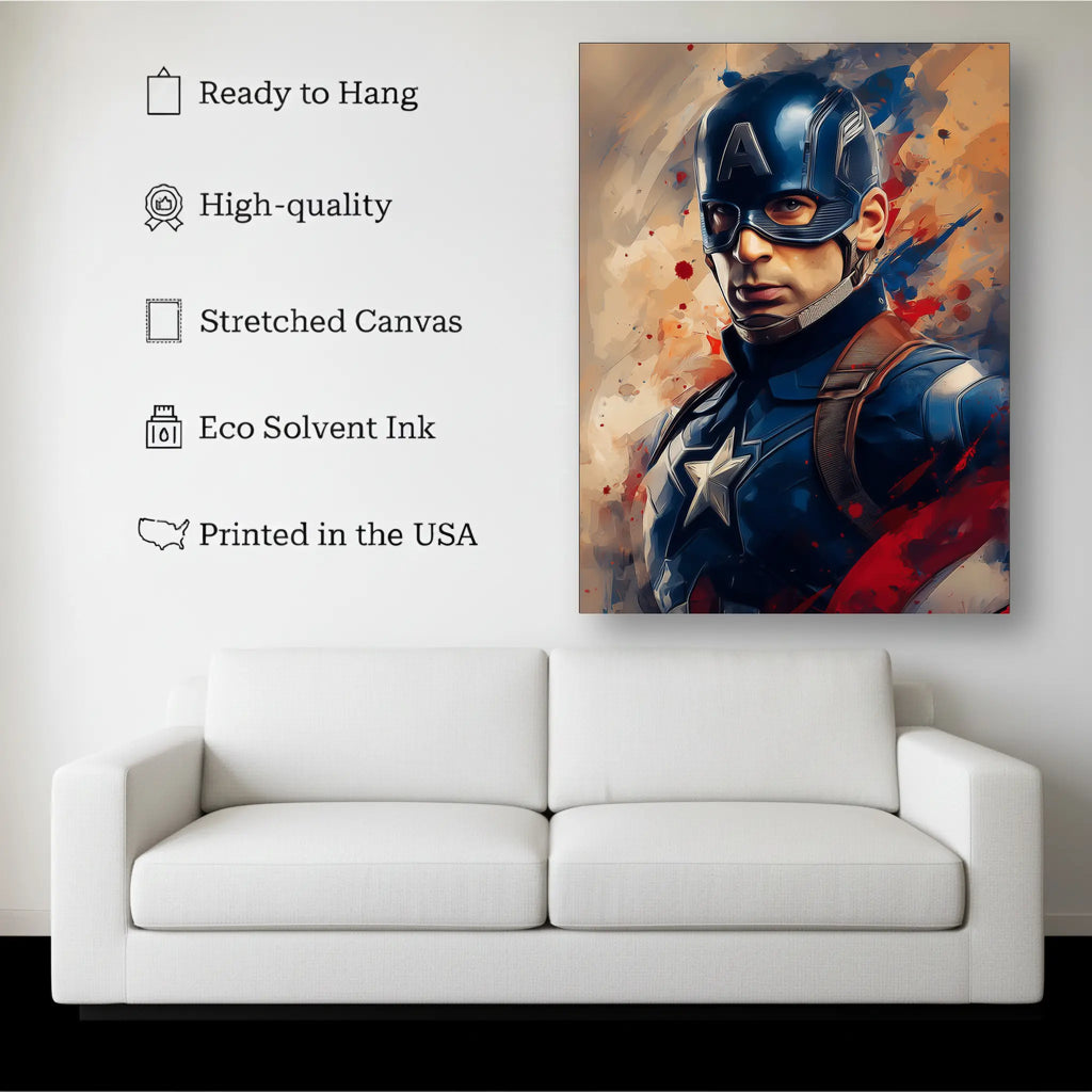 Captain Hero Wall Art canvas hanging on a living room wall above a white sofa