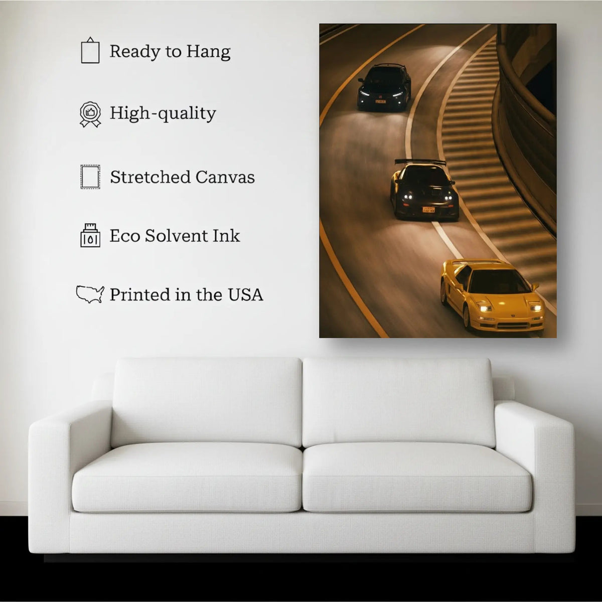 Midnight Drive canvas hanging on a living room wall above a white sofa