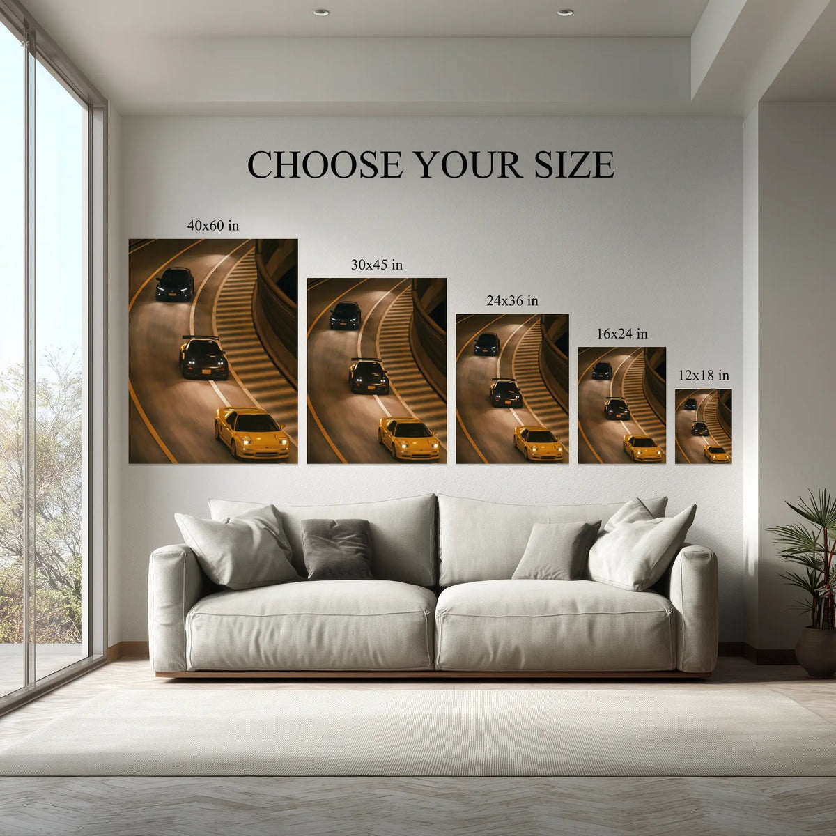 Midnight Drive canvas size comparison from 12x18 to 40x60 in above a sofa
