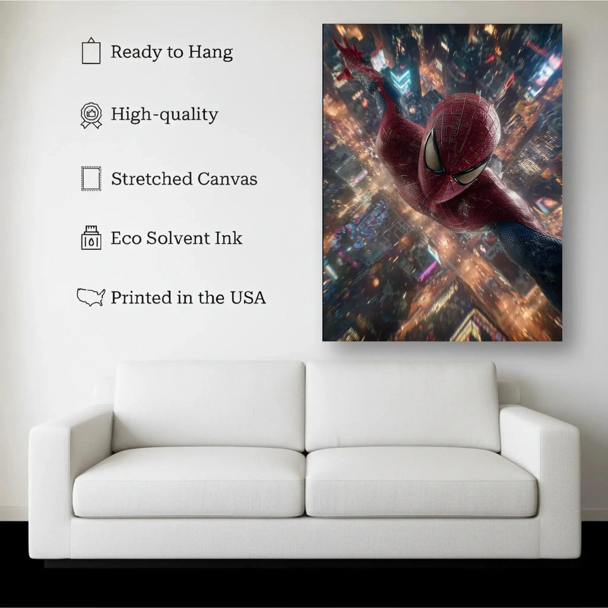 Web-Slinging Hero Wall Art canvas hanging on a living room wall above a white sofa