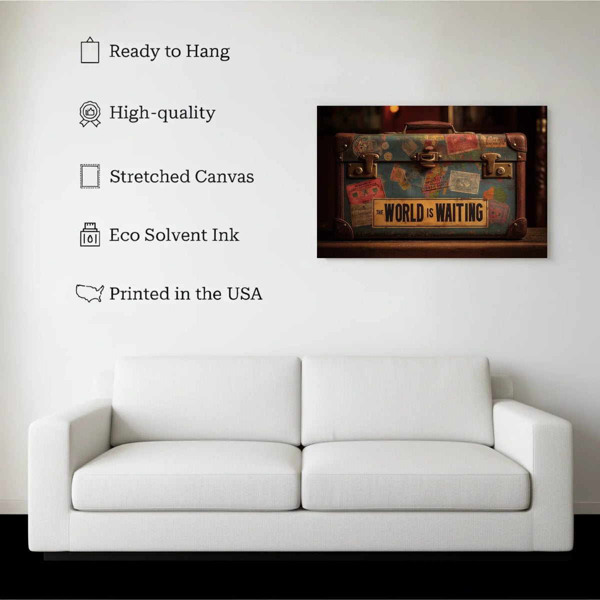 The World Is Waiting Travel Wall Art canvas hanging on a living room wall above a white sofa