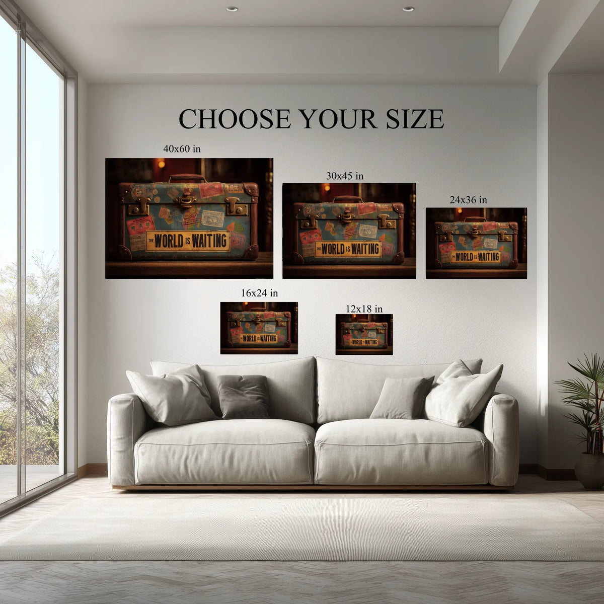 The World Is Waiting Travel Wall Art canvas size comparison from 12x18 to 40x60 in above a sofa