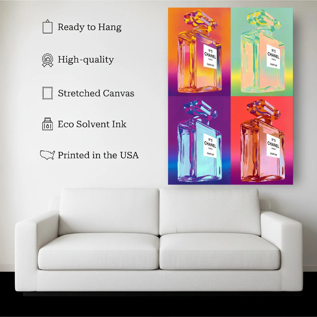 Pop Art Perfume Bottle Wall Art canvas hanging on a living room wall above a white sofa