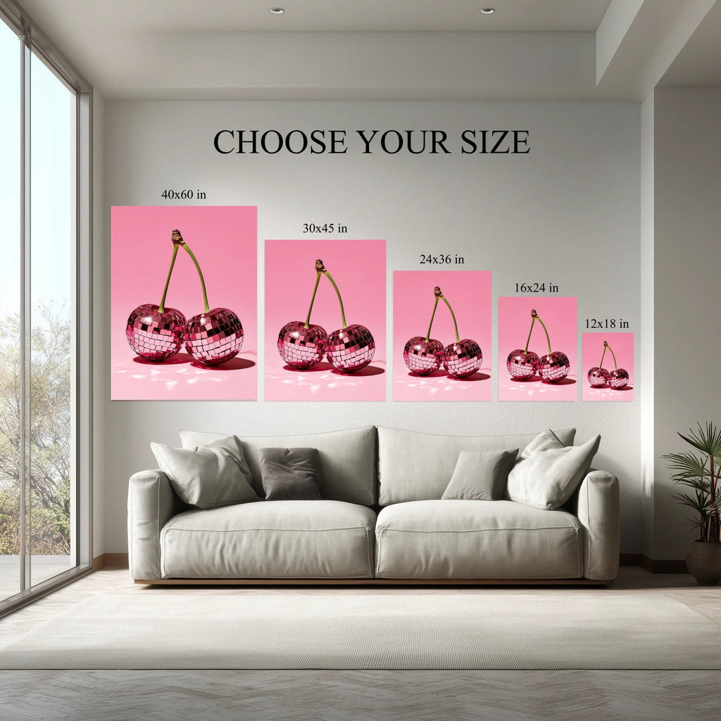 Disco Cherries canvas size comparison from 12x18 to 40x60 in above a sofa
