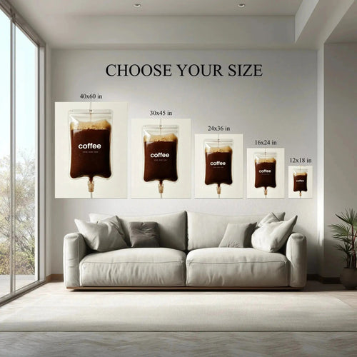 Coffee Drip canvas size comparison from 12x18 to 40x60 in above a sofa