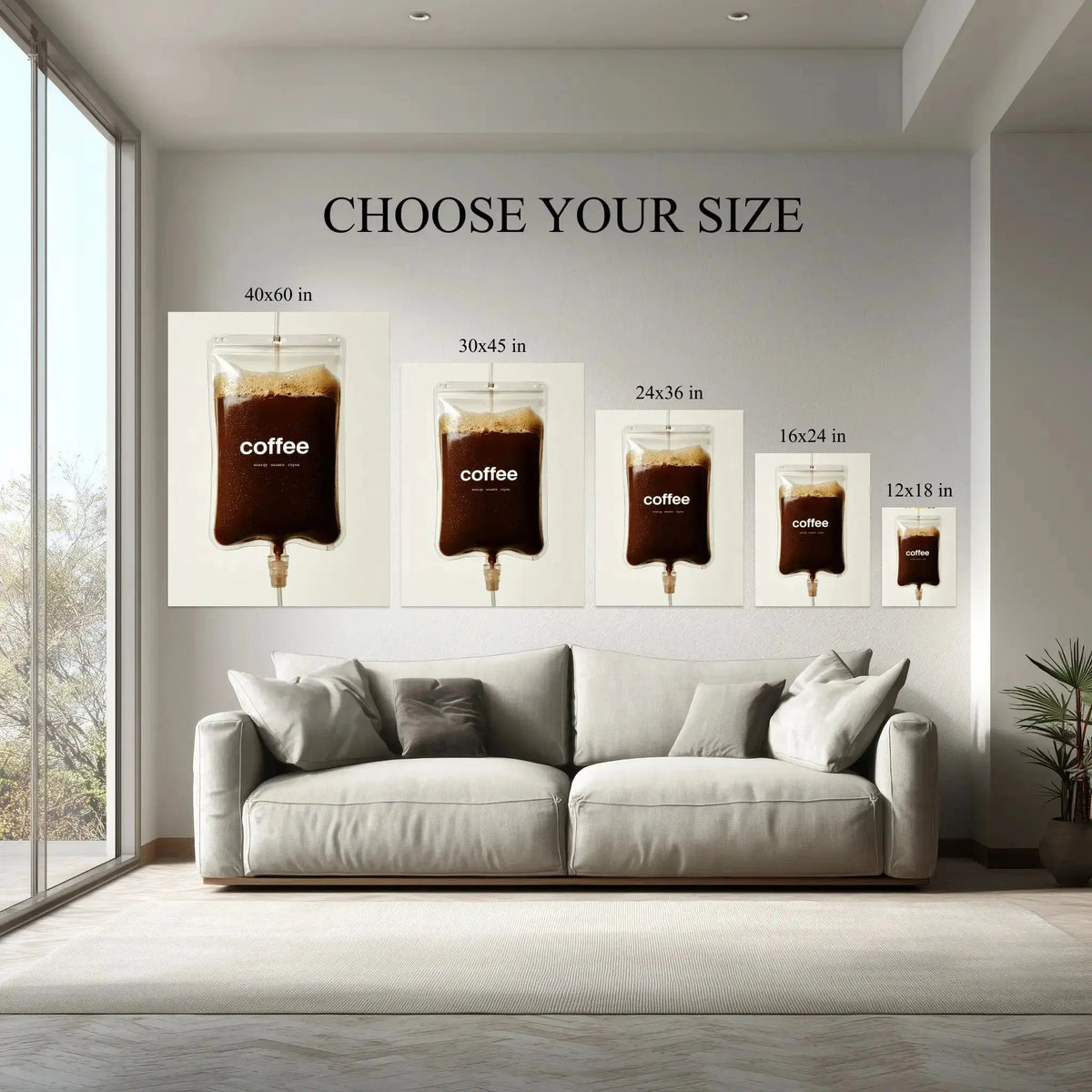 Coffee Drip canvas size comparison from 12x18 to 40x60 in above a sofa