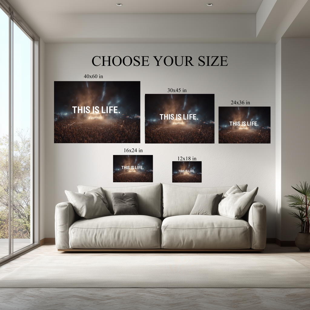 This Is Life Concert Wall Art canvas size comparison from 12x18 to 40x60 in above a sofa
