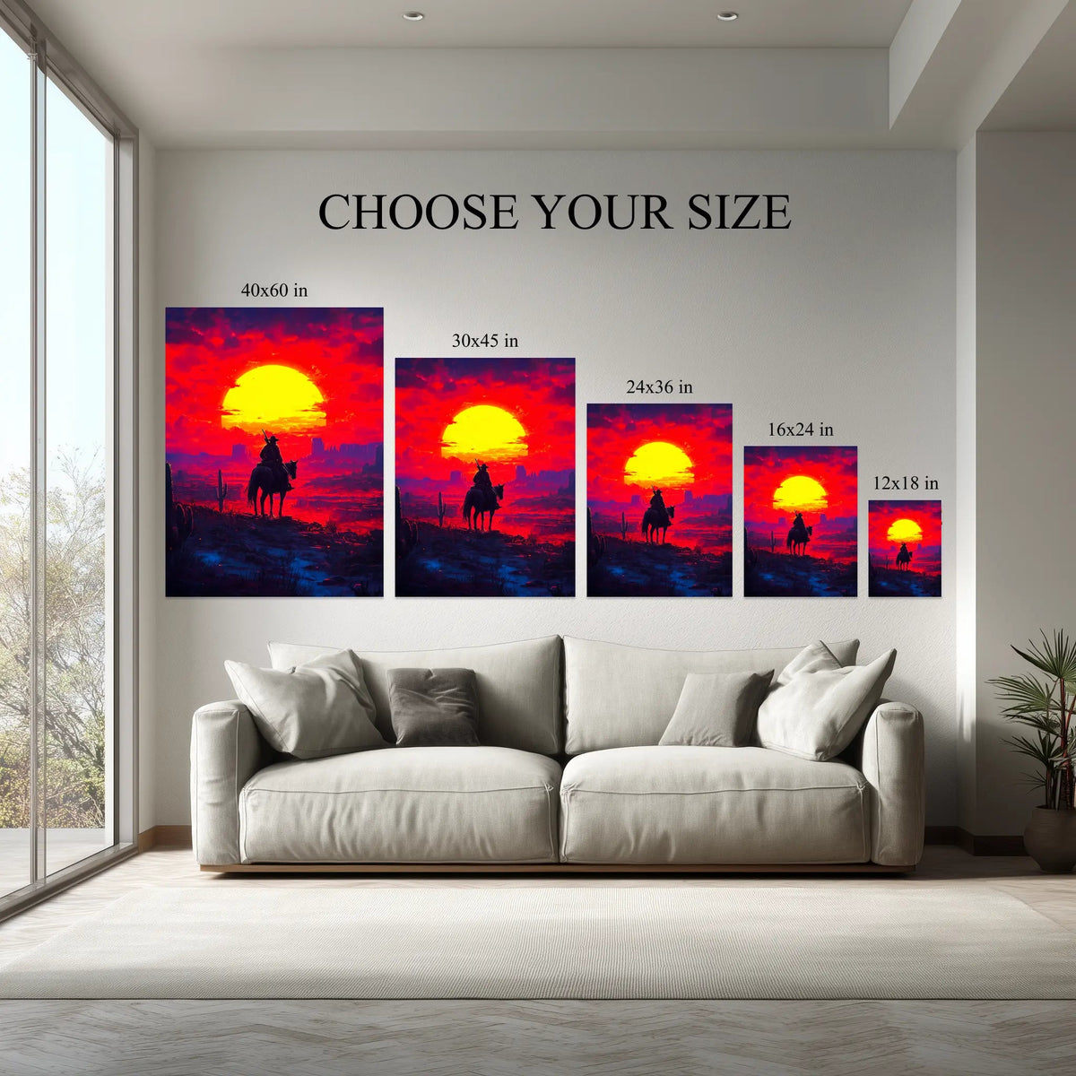 Crimson Frontier canvas size comparison from 12x18 to 40x60 in above a sofa