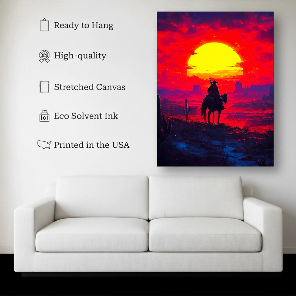 Crimson Frontier canvas hanging on a living room wall above a white sofa