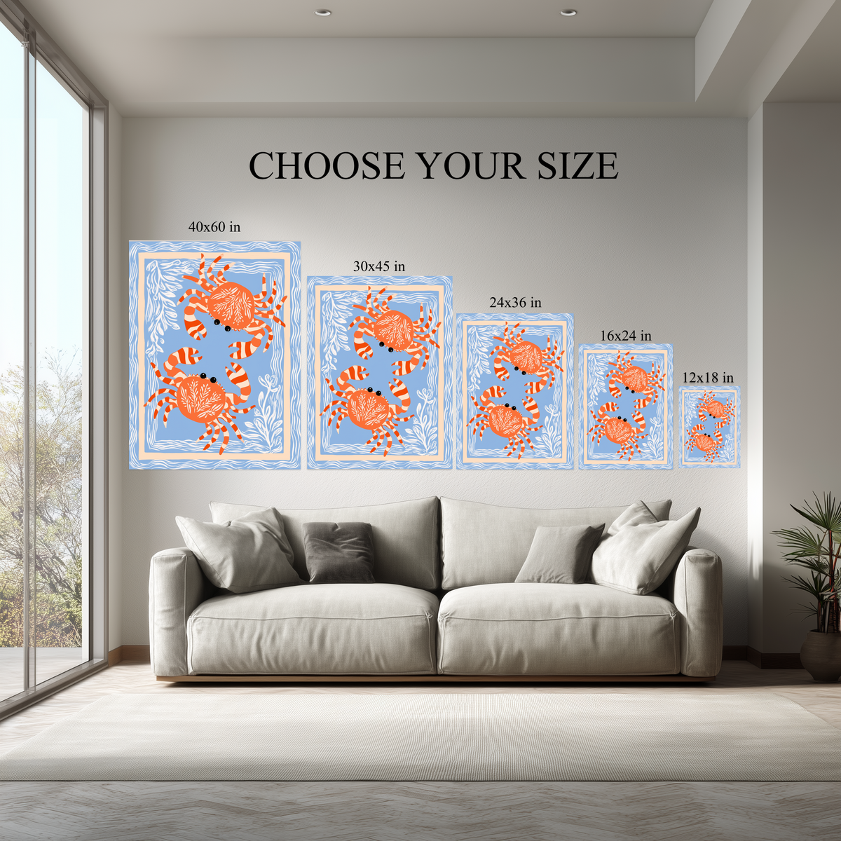 Coastal Crab Wall Art canvas size comparison from 12x18 to 40x60 in above a sofa
