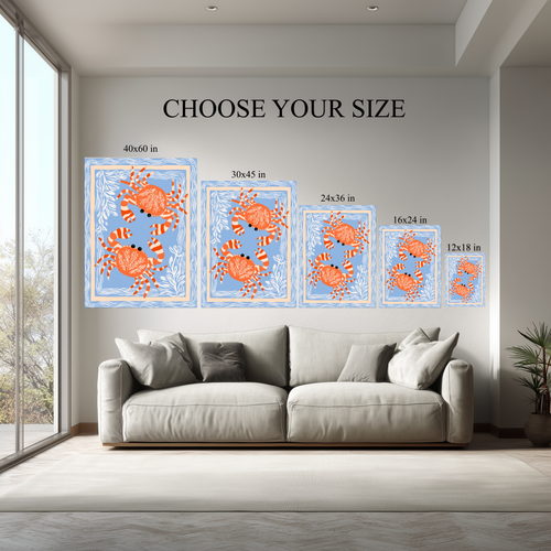 Coastal Crab Wall Art canvas size comparison from 12x18 to 40x60 in above a sofa