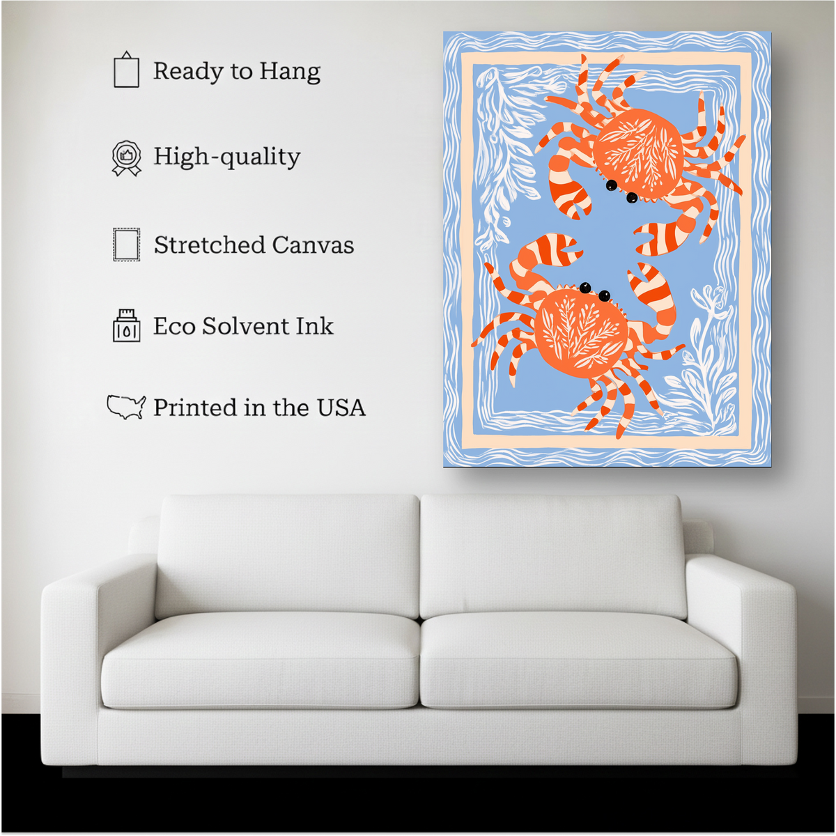 Coastal Crab Wall Art canvas hanging on a living room wall above a white sofa