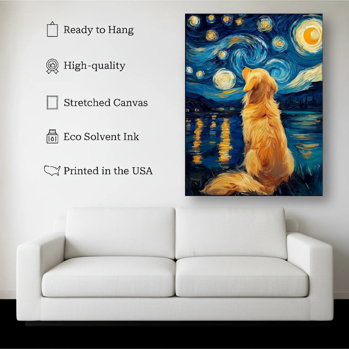 Golden Retriever Starry Night Wall Art canvas hanging on a living room wall above a white sofa