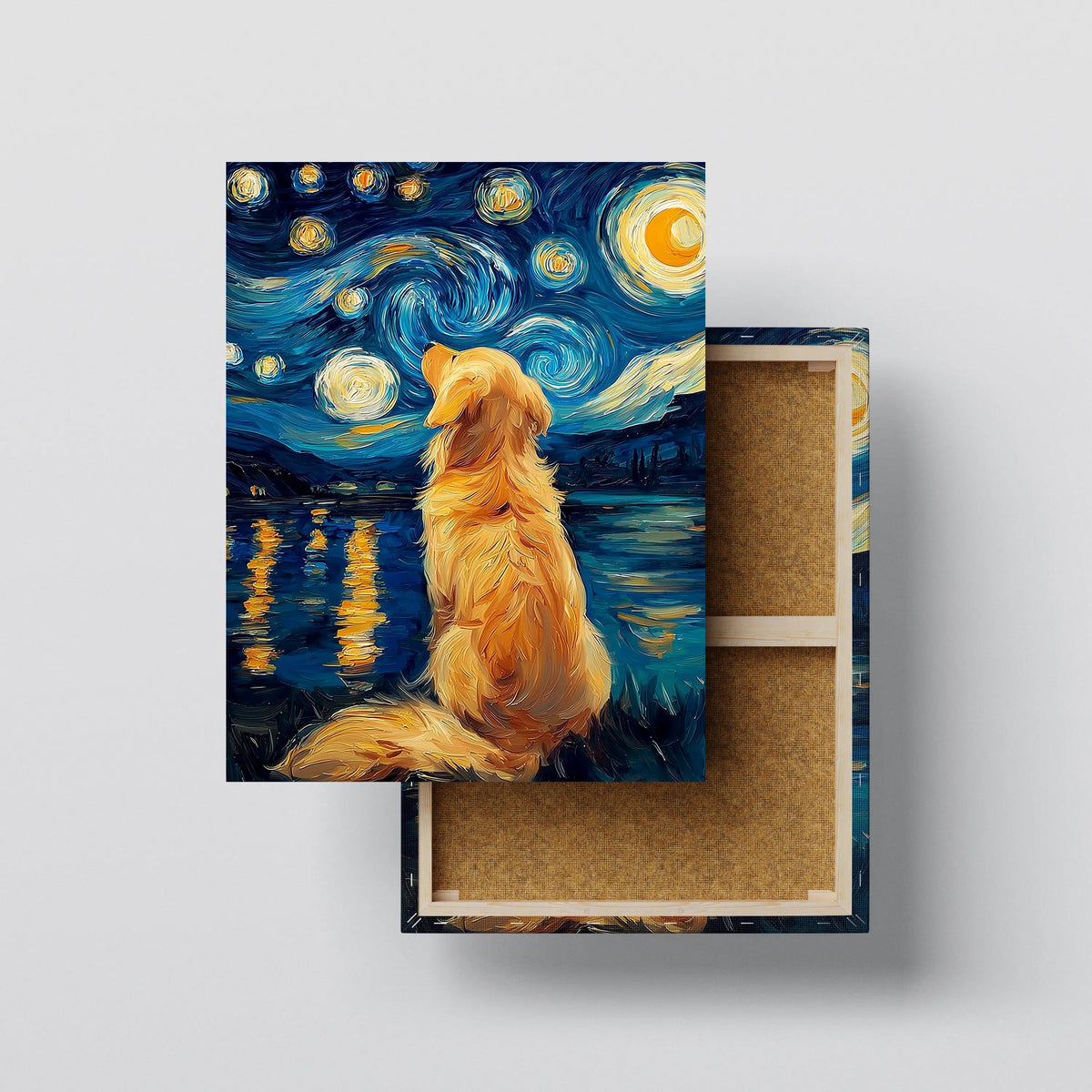 Golden Retriever Starry Night Wall Art canvas print, front view with gallery-wrapped edge