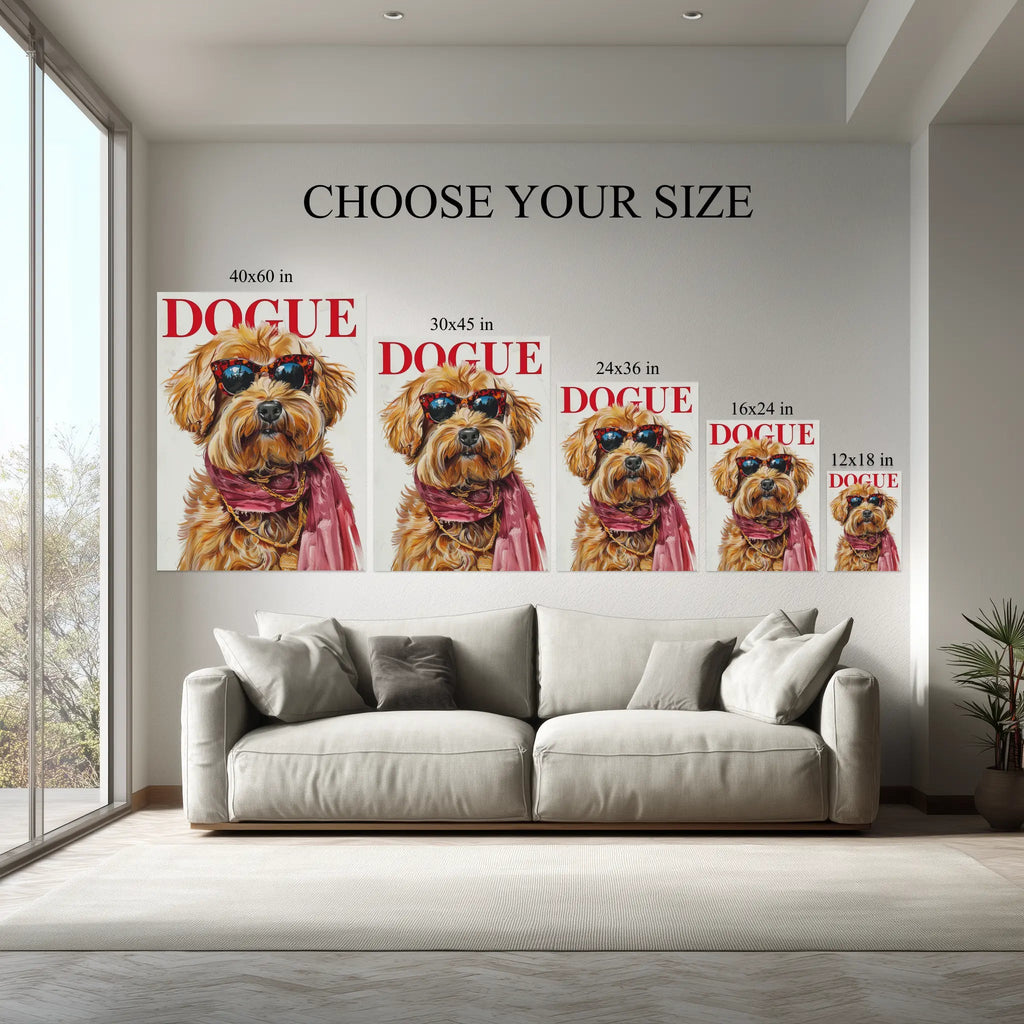 Luxury Pet Portrait Canvas canvas size comparison from 12x18 to 40x60 in above a sofa