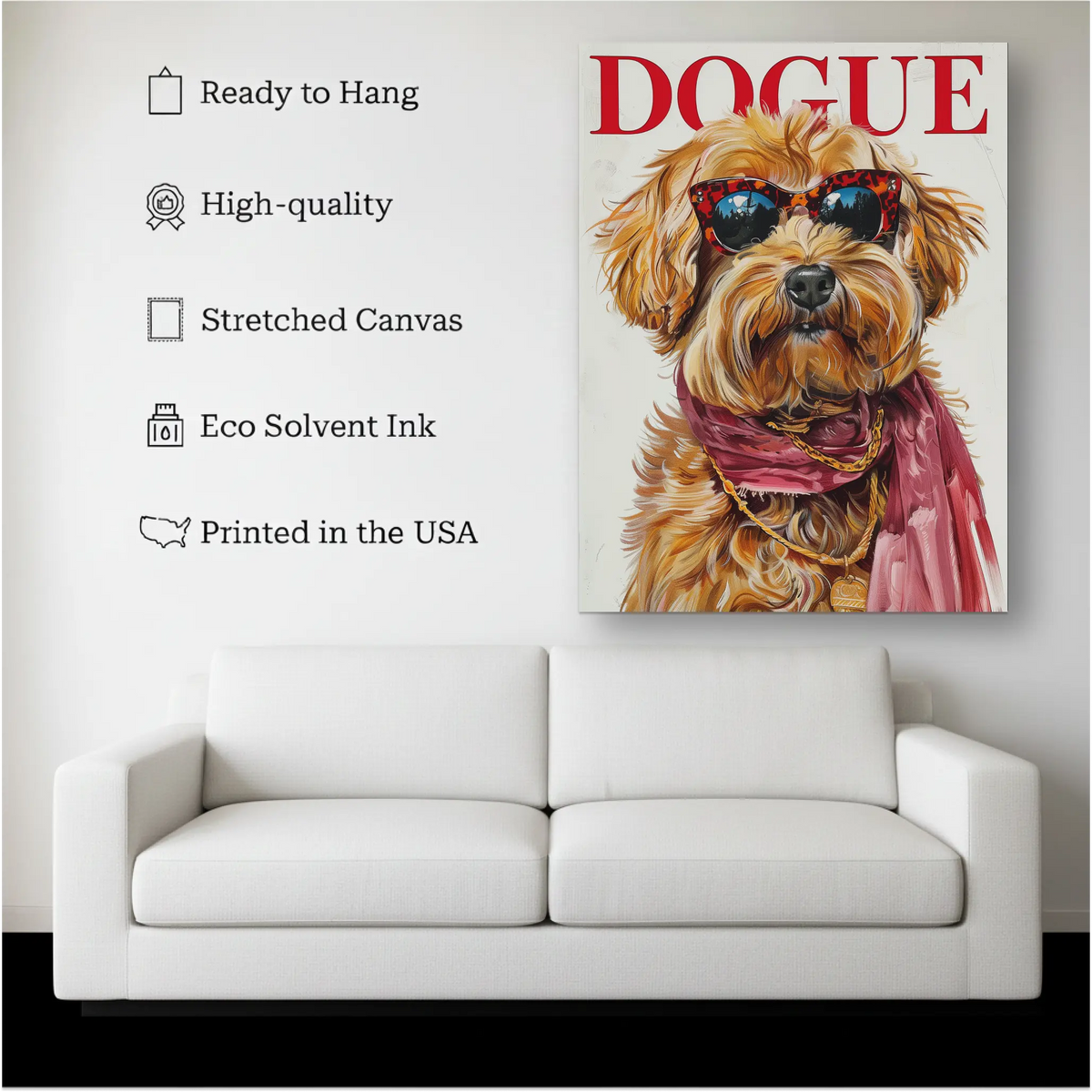 Luxury Pet Portrait Canvas canvas hanging on a living room wall above a white sofa