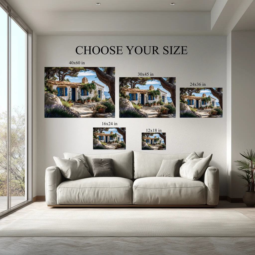 Mediterranean Cottage Wall Art canvas size comparison from 12x18 to 40x60 in above a sofa