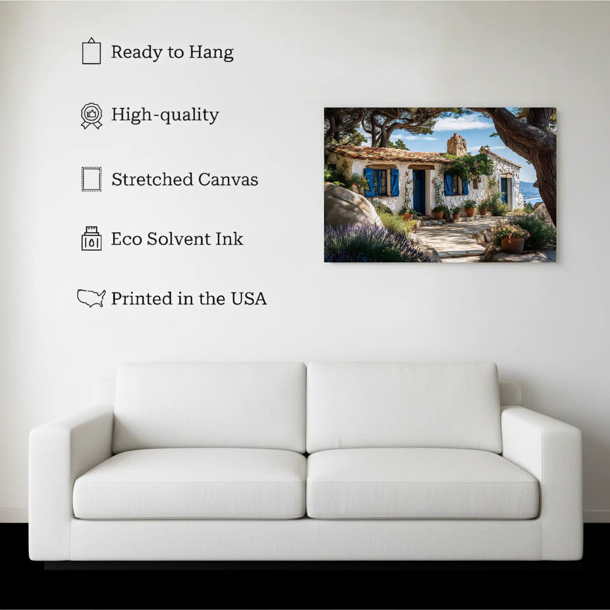 Mediterranean Cottage Wall Art canvas hanging on a living room wall above a white sofa