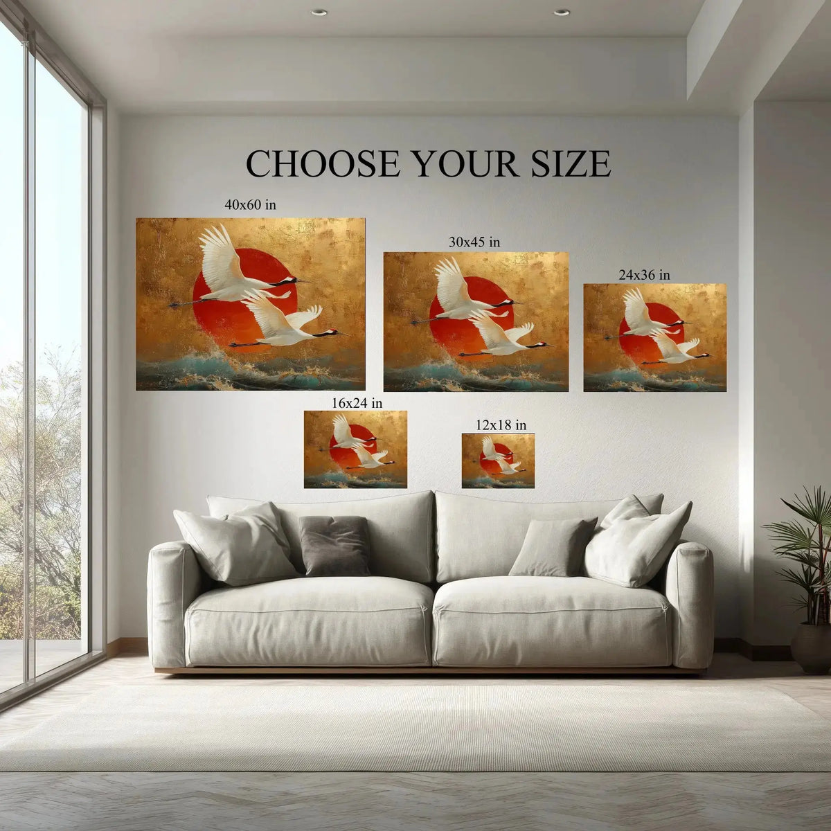 Japanese Crane Wall Art canvas size comparison from 12x18 to 40x60 in above a sofa