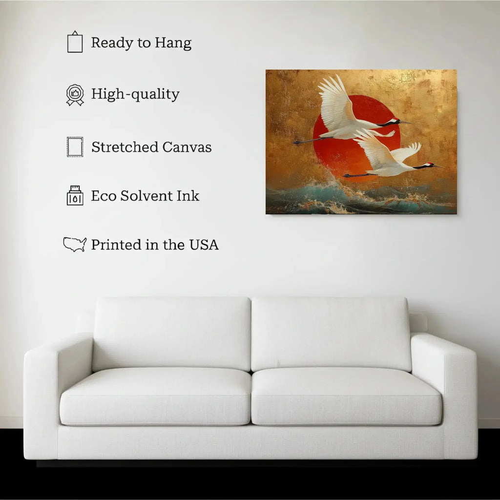 Japanese Crane Wall Art canvas hanging on a living room wall above a white sofa