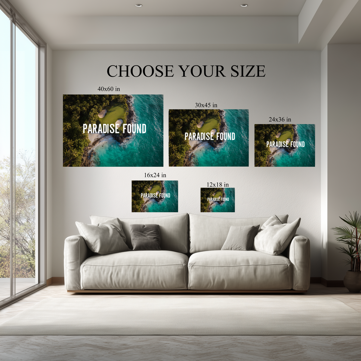 Paradise Found Tropical Beach Wall Art canvas size comparison from 12x18 to 40x60 in above a sofa