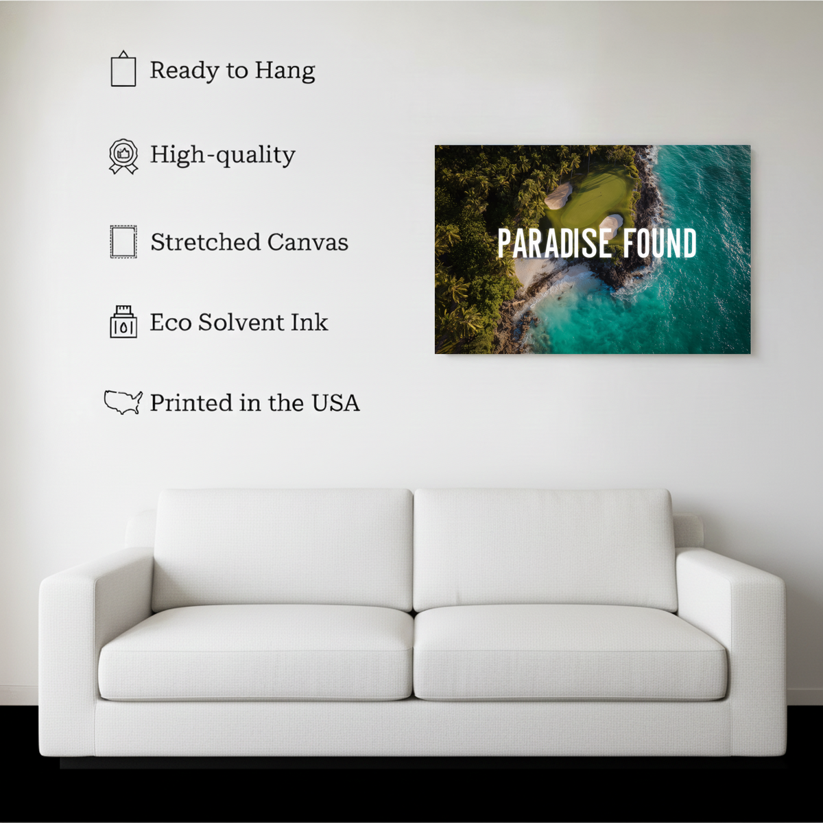 Paradise Found Tropical Beach Wall Art canvas hanging on a living room wall above a white sofa
