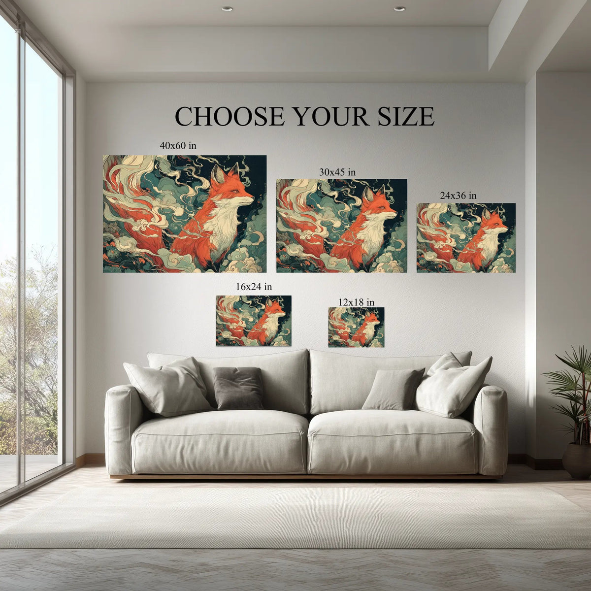 Mystic Fox canvas size comparison from 12x18 to 40x60 in above a sofa