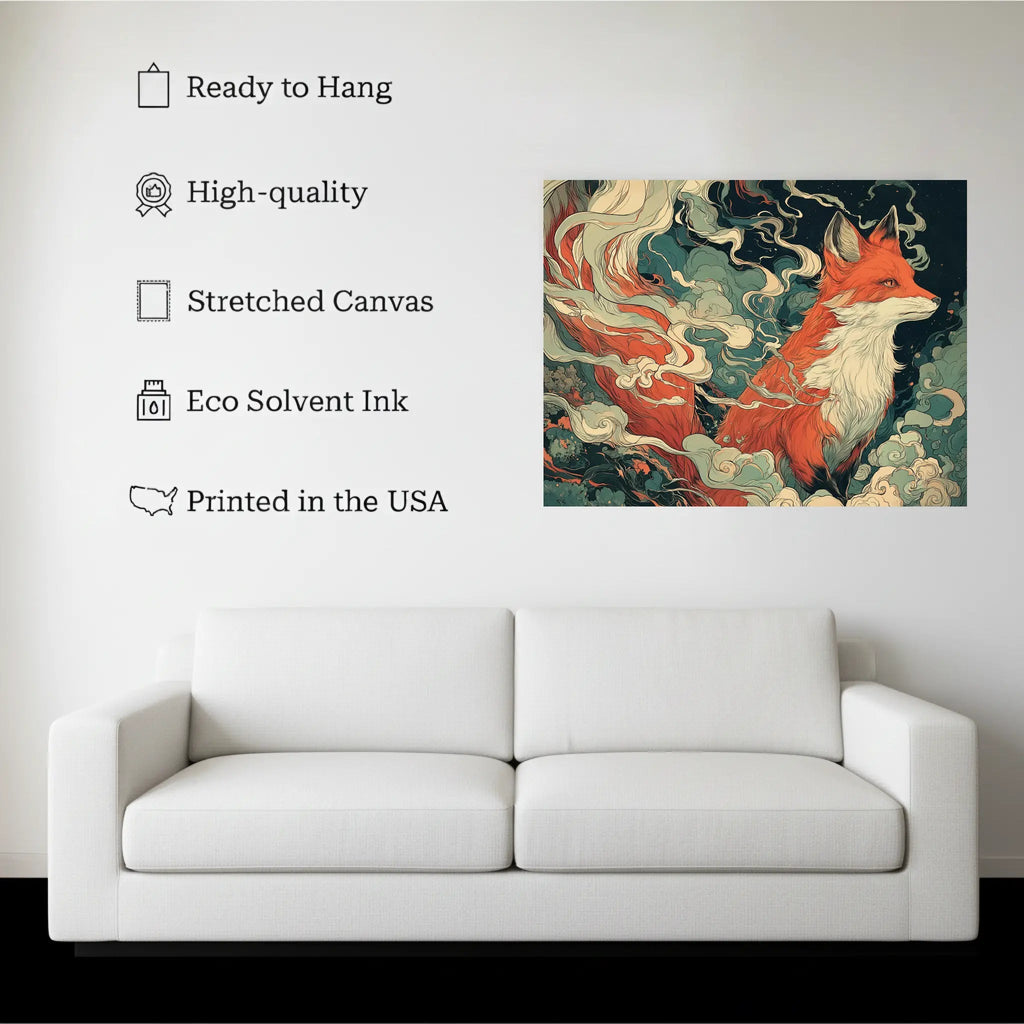 Mystic Fox canvas hanging on a living room wall above a white sofa
