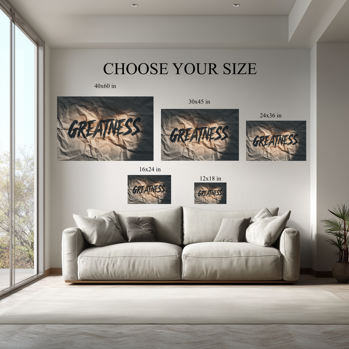 Greatness Motivational Wall Art canvas size comparison from 12x18 to 40x60 in above a sofa