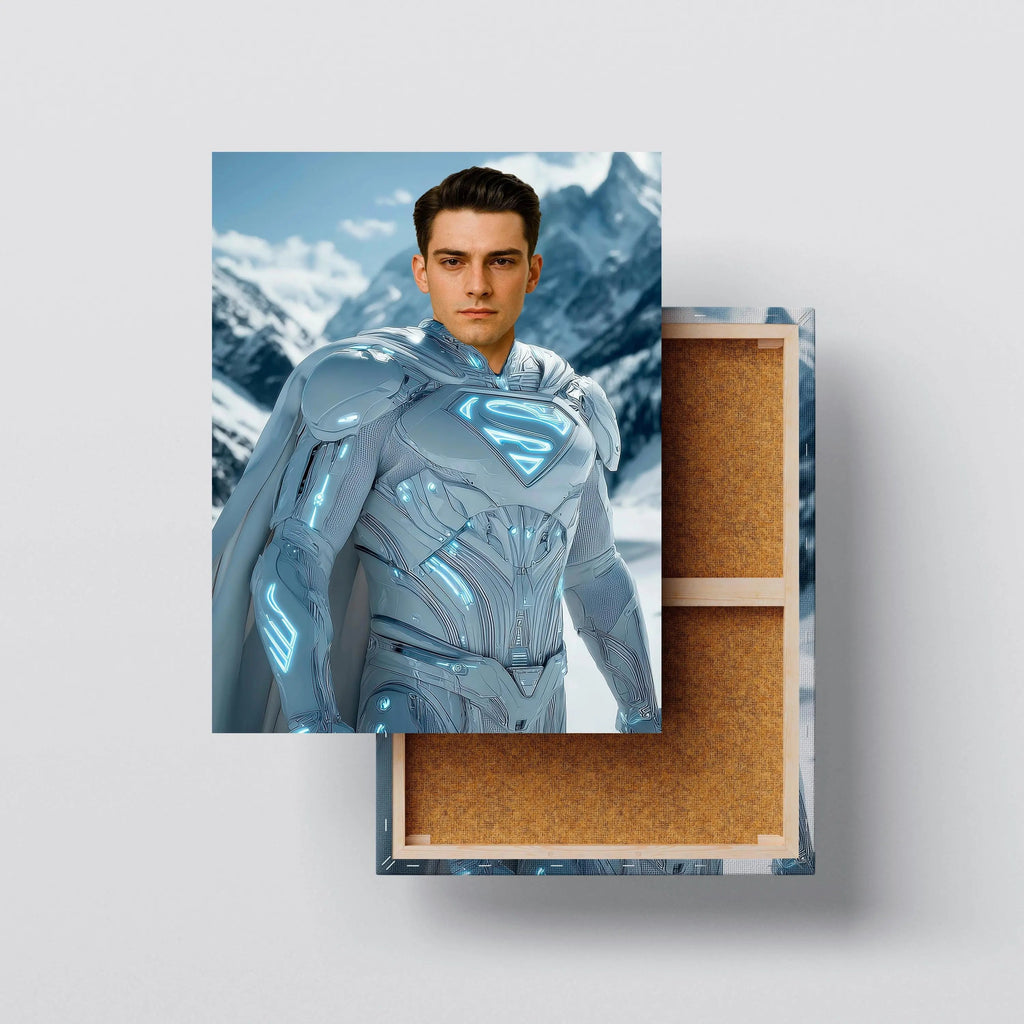 Custom Superhero Portrait canvas size comparison from 12x18 to 40x60 in above a sofa