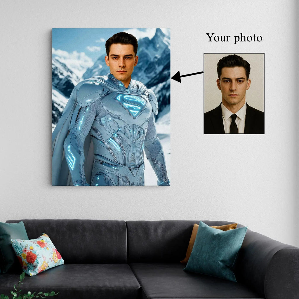 Custom Superhero Portrait canvas print, front view with gallery-wrapped edge