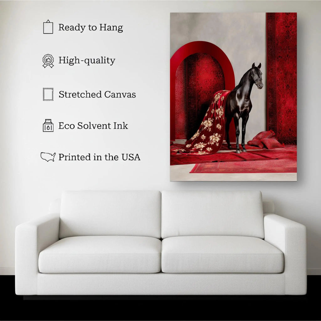 Black Arabian canvas hanging on a living room wall above a white sofa