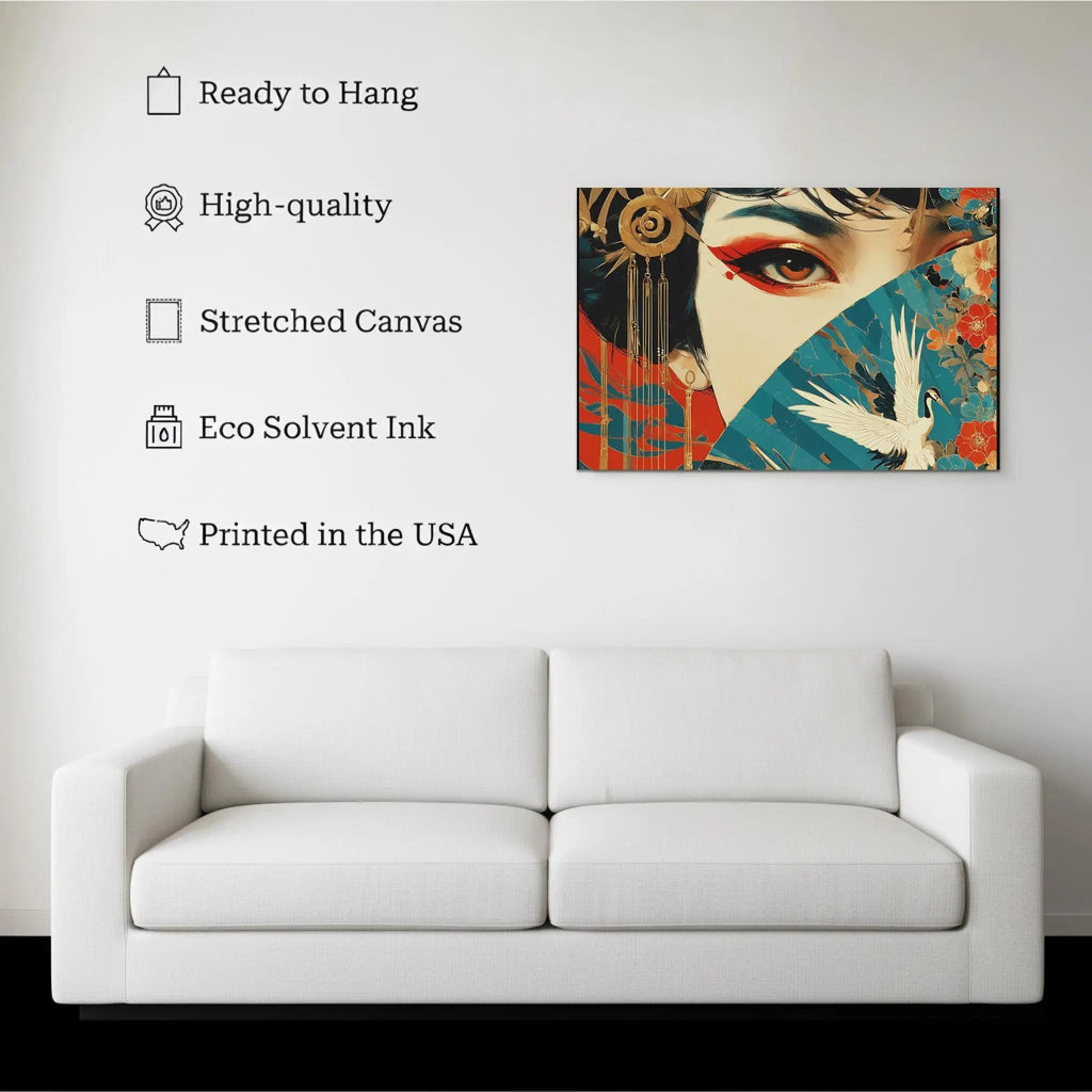 Crimson Geisha canvas hanging on a living room wall above a white sofa