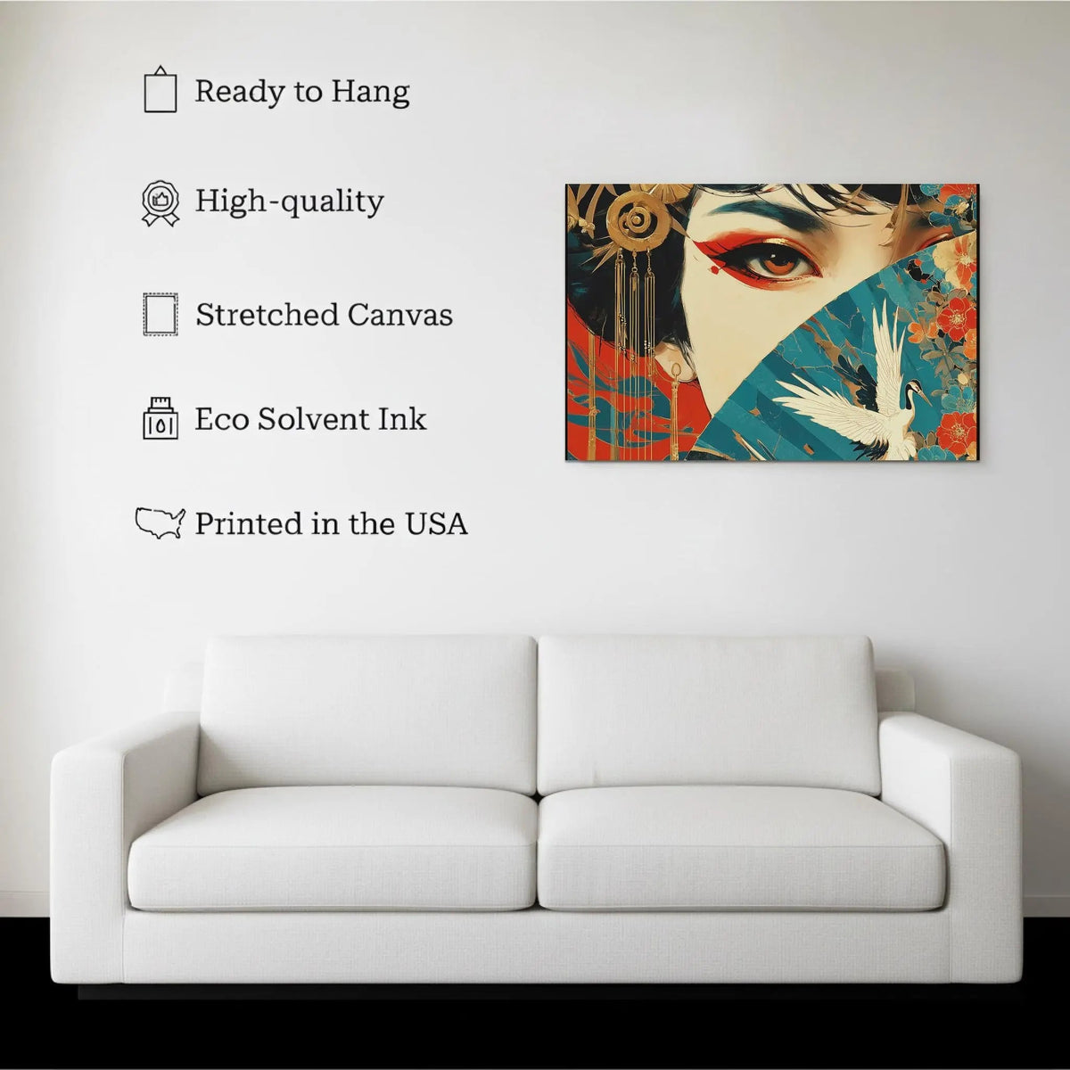 Crimson Geisha canvas hanging on a living room wall above a white sofa