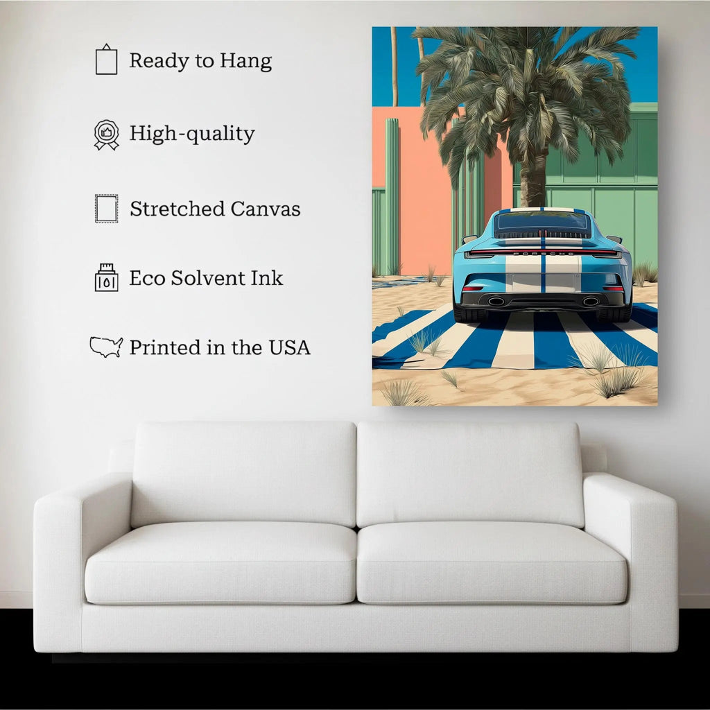 Palm Drive canvas hanging on a living room wall above a white sofa