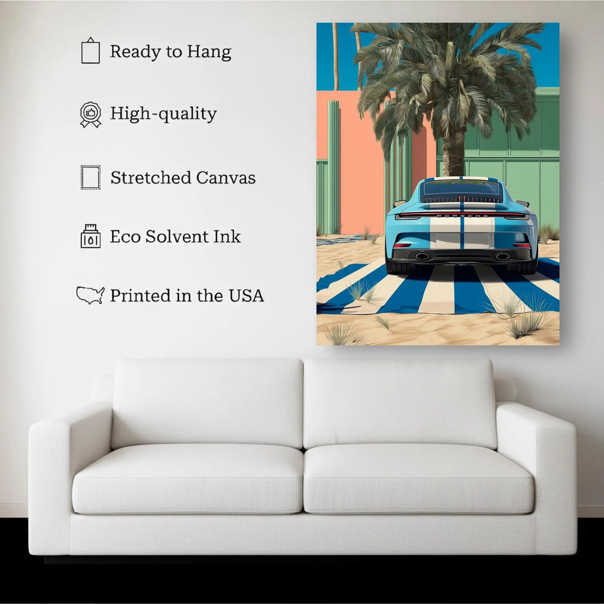Palm Drive canvas hanging on a living room wall above a white sofa