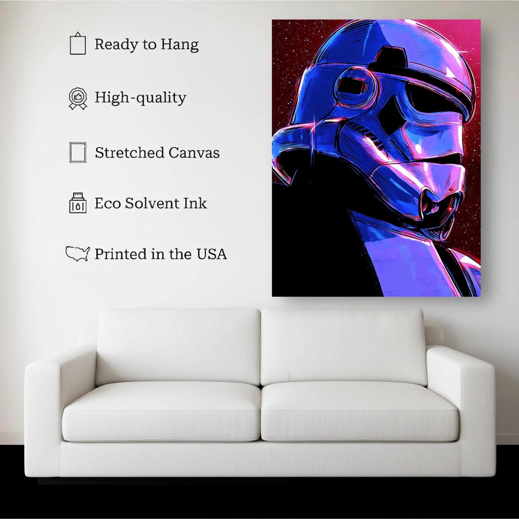 Neon Trooper canvas hanging on a living room wall above a white sofa