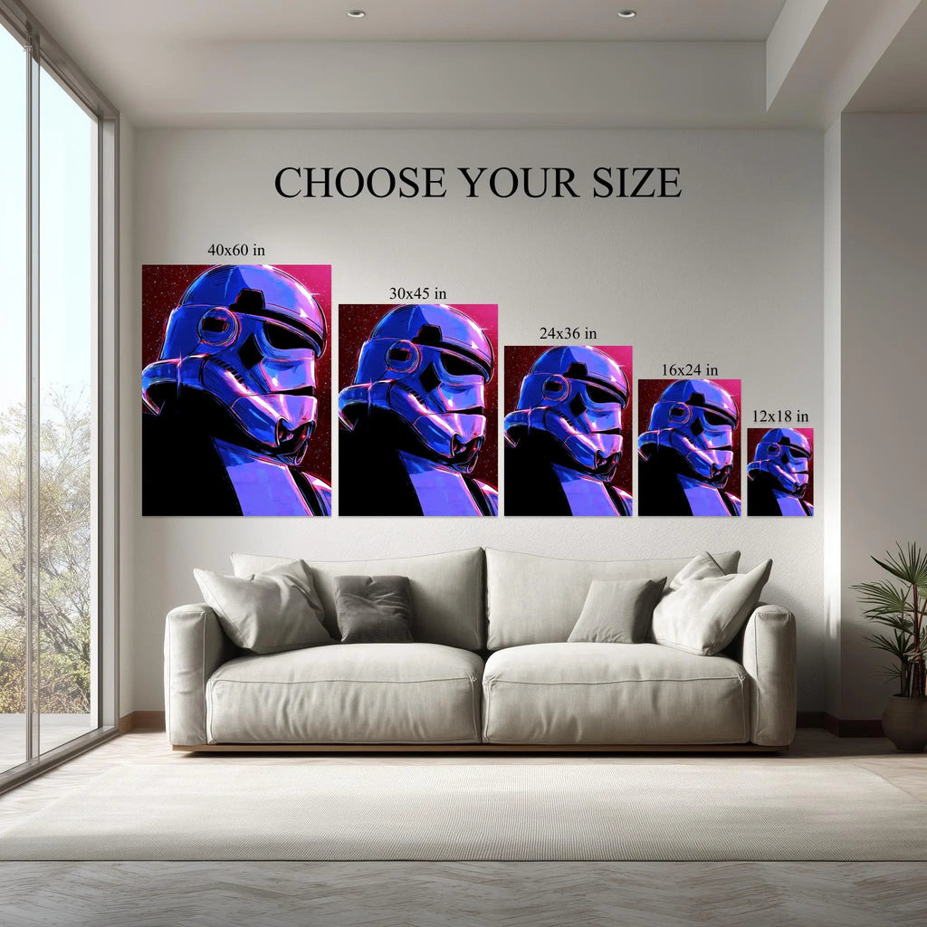 Neon Trooper canvas size comparison from 12x18 to 40x60 in above a sofa