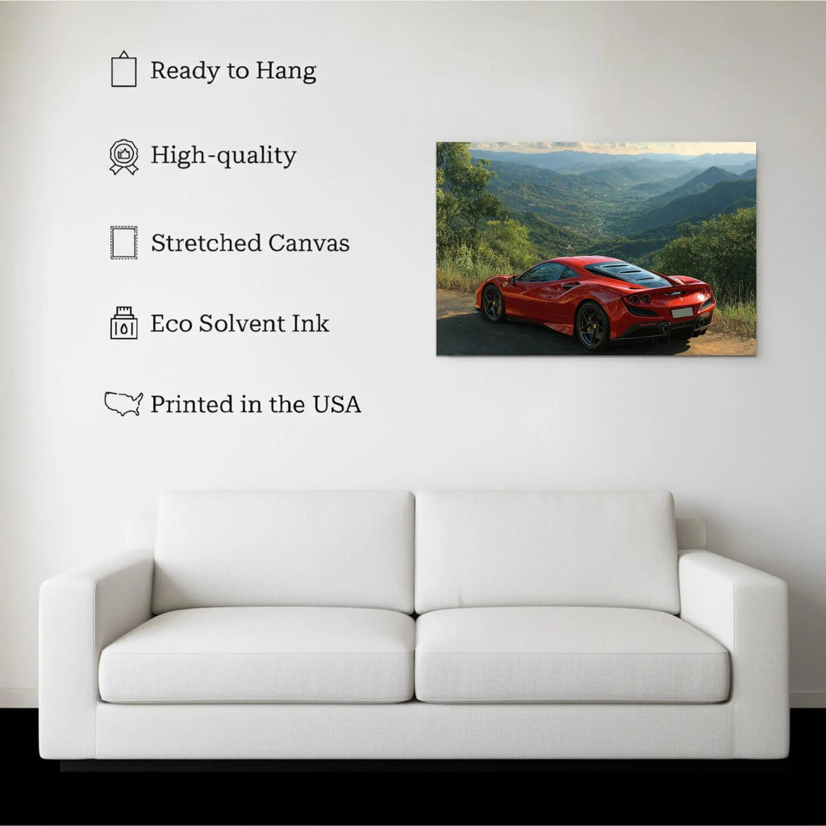Scarlet Odyssey canvas hanging on a living room wall above a white sofa